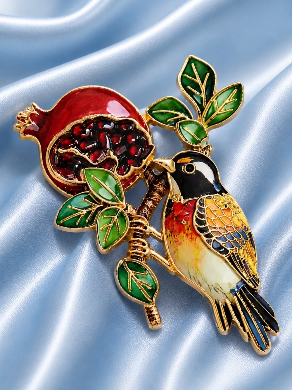 Pomegranate Bird Gold Brooch - Picture 5 of 11